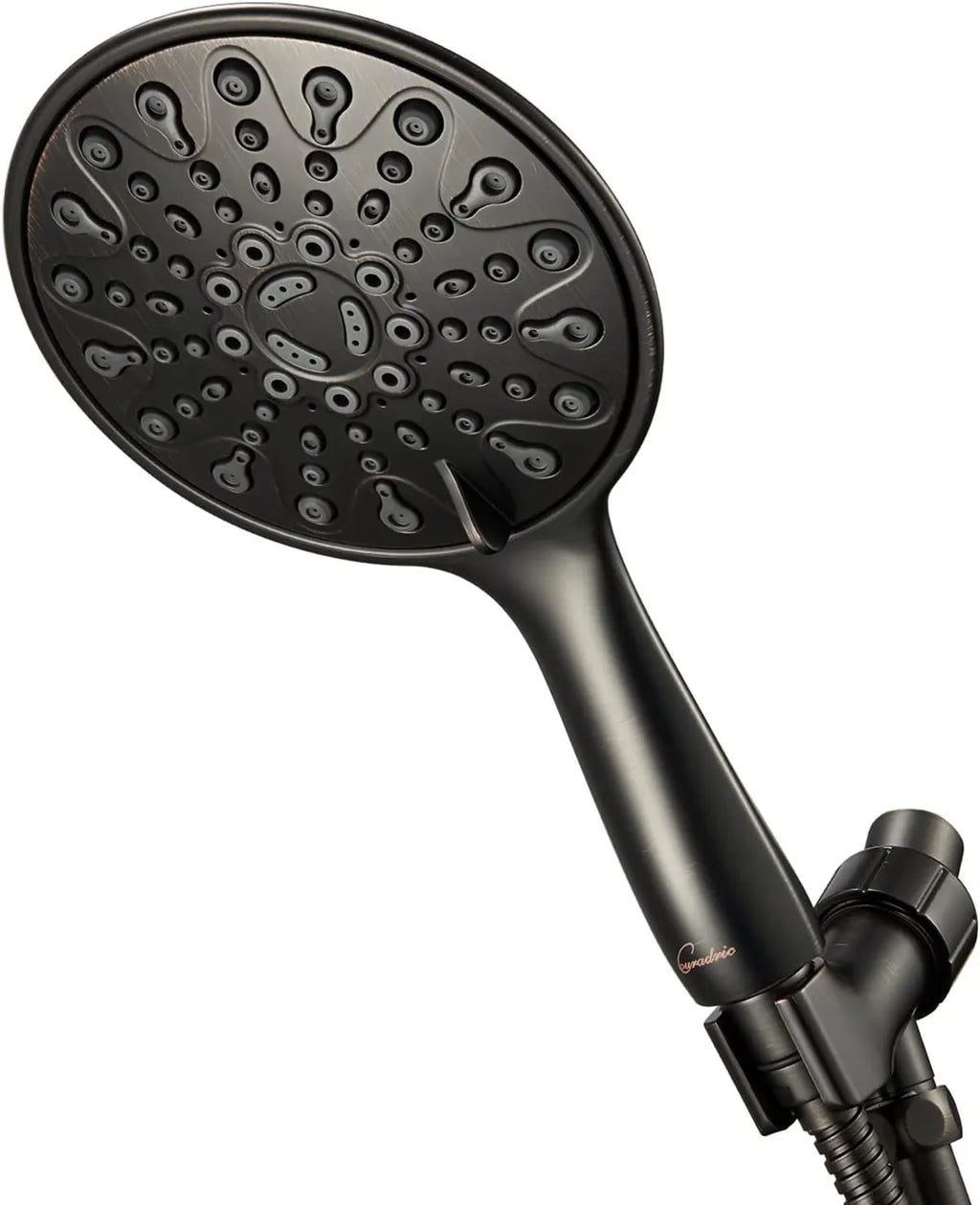 Matte black handheld shower head with multiple spray settings and ergonomic handle