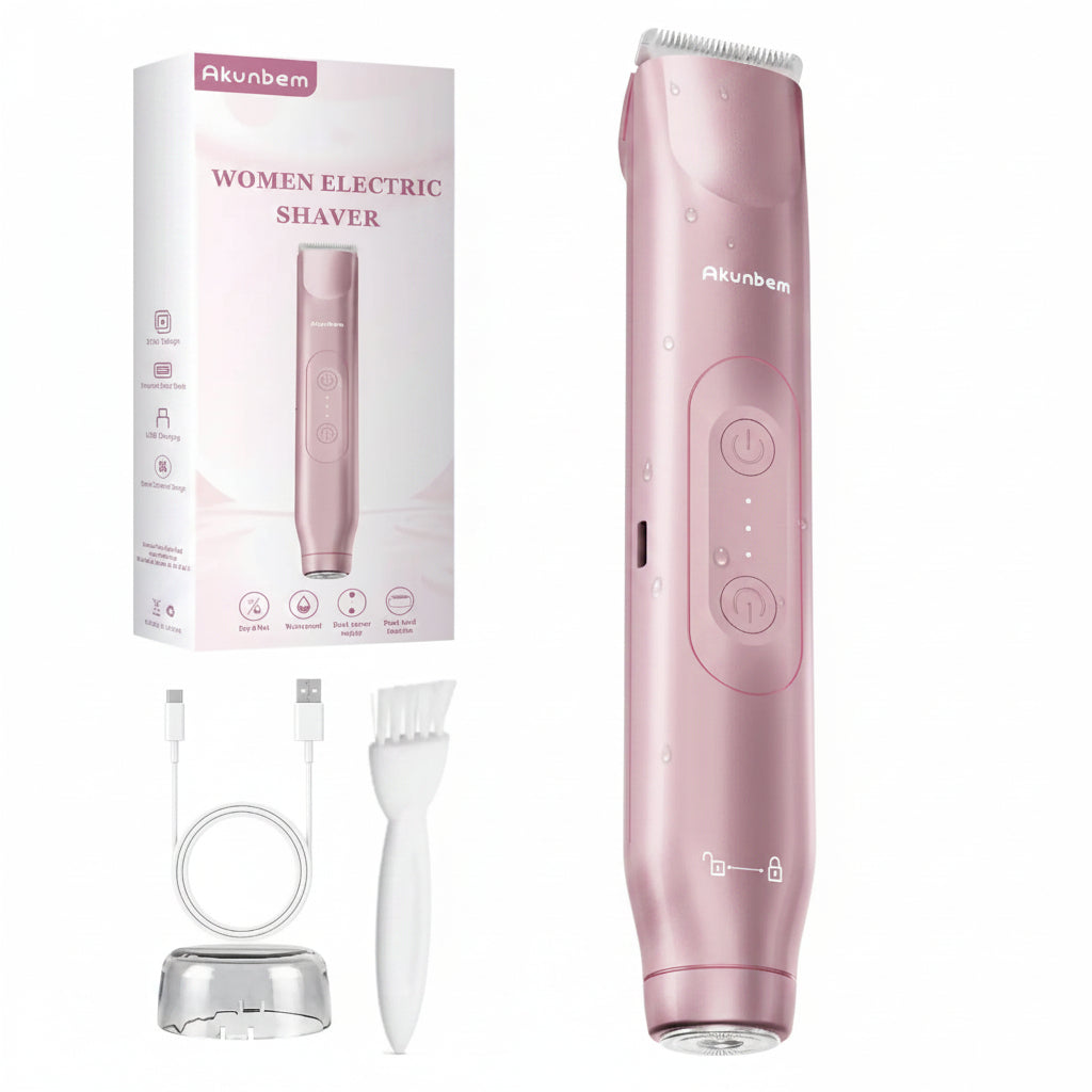 Akunbem Bikini Trimmer for Women, Electric Shaver and Razor Rechargeable 2-In-1 Body and Facial Epilator, Dual Heads for Painless Trimming of Pubic Hair, Face, Underarms and Legs, IPX7 Waterproof. Christmas Gift New Year Gift Shaving Grooming