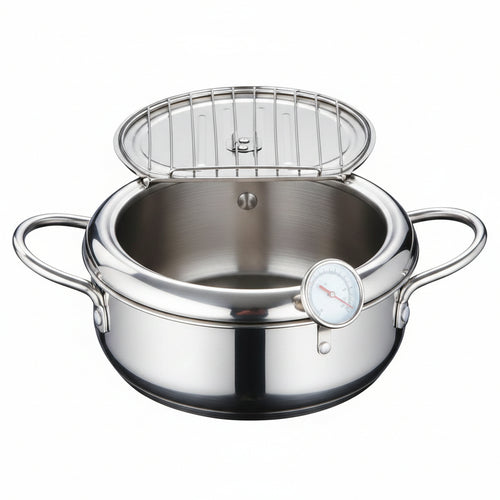 Japanese Deep Frying Pot with a Thermometer and a Lid 304 Stainless Steel Kitchen Tempura Fryer Pan 20 24 Cm KC0405