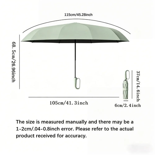 Foldable umbrella with measurements, showing length, diameter, and compact size in centimeters and inches.