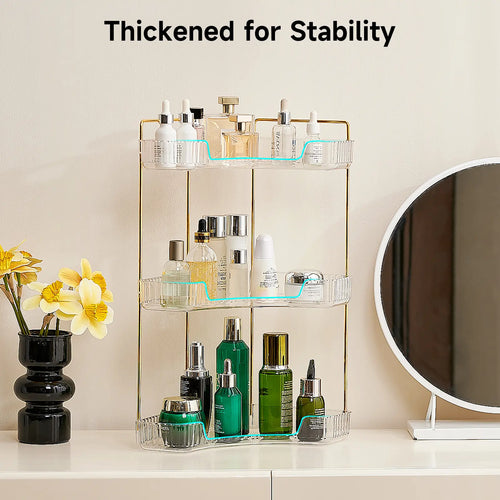 UFORU 3 Tiers Corner Bathroom Counter Organizer, Clear Countertop Shelf Storage Rack, Cosmetic Perfume Tray Standing Holder with Gold Metal Pole, Skincare Sink Organizer for Vanity Kitchen Transparent Smooth