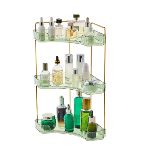 UFORU 3 Tiers Corner Bathroom Counter Organizer, Clear Countertop Shelf Storage Rack, Cosmetic Perfume Tray Standing Holder with Gold Metal Pole, Skincare Sink Organizer for Vanity Kitchen Transparent Smooth