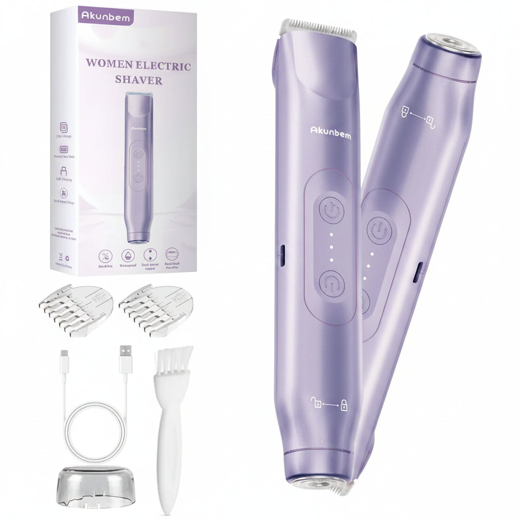 Akunbem Bikini Trimmer for Women, Electric Shaver and Razor Rechargeable 2-In-1 Body and Facial Epilator, Dual Heads for Painless Trimming of Pubic Hair, Face, Underarms and Legs, IPX7 Waterproof. Christmas Gift New Year Gift Shaving Grooming
